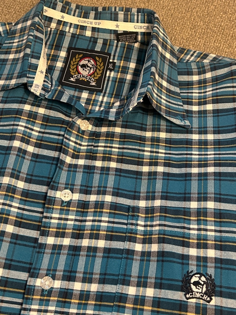 Men's Cinch Teal Plaid Button-Down Long Sleeve 100% Cotton Shirt Pocket Logo XL